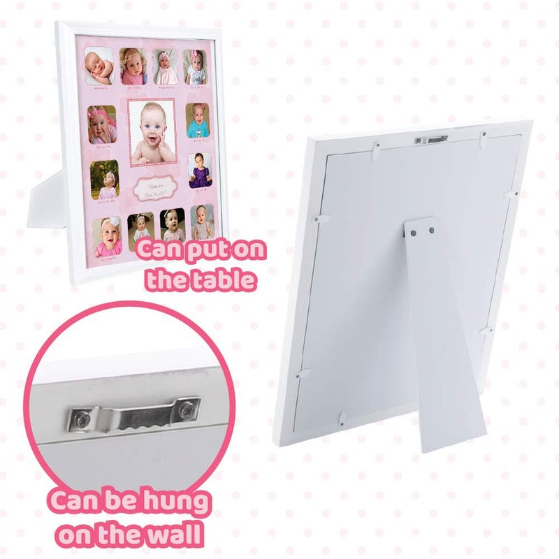 COMFECTO Collage Photo Frame for Baby First Year Keepsake, Multi Picture Frames for Baby Newborn 1st Birthday GiftMemory Home Decor size 11 x 13 x 1 inch with 13 Slots in Pink White Prime Wood - Image 4